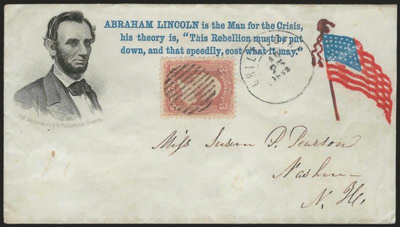 3c Rose (65).> Cancelled by sharp strike of grid, partly clear Chillicothe O. Jan. 25, 1862 double-circle datestamp on cover to Nashua N.H. with <bearded Lincoln three-quarter portrait facing right and red and
blue waving flag with ^ABRAHAM LINCOL