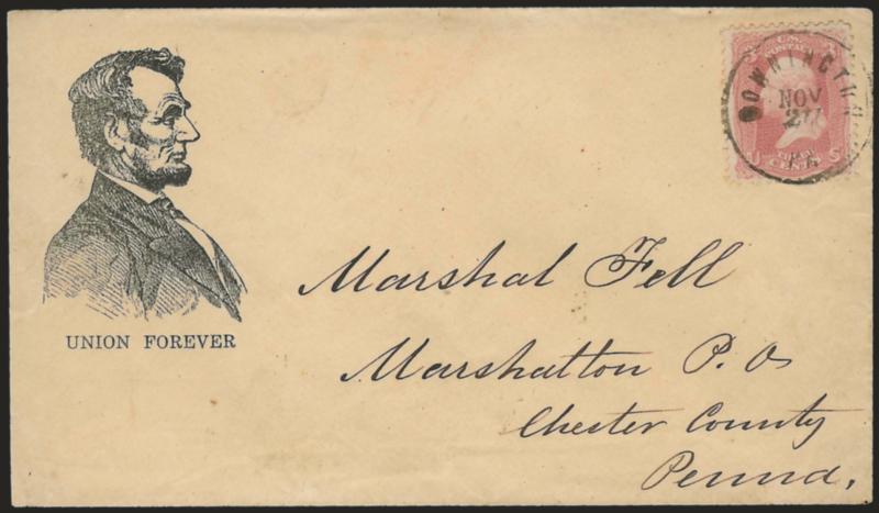 3c Rose (65).> Bright shade, tied by Downington Pa. Nov. 27 circular datestamp on buff cover to Marshalton Pa. with woodcut <bearded Lincoln profile with Union Forever slogan,> Milgram AL-122 (illustrated on p.
79), barely reduced at left, Very F