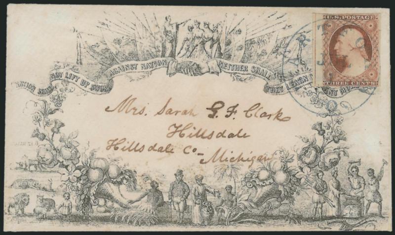 3c Dull Red, Ty. II (11A).> Large margins to clear incl. <straddle-pane> margin at left, tied by well-struck blue Hartford O. Jul. 1 circular datestamp on cover to Hillsdale Mich.<Nation shall not lift up sword
against nation. Neither shall they l