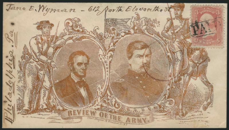 3c Rose (65).> Bright color, choice centering, tied by well-struck Paid in oval, light strike of red Boston Mass. Oct. 5 double-circle datestamp on cover to Philadelphia with <Magnus bronze Lincoln and McClellan
Review of the Army patriotic des