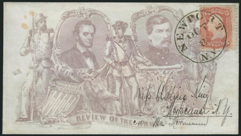 3c Rose (65).> Tied by Newport N.Y. Oct. 8 circular datestamp on cover to Herkimer N.Y. with <light purple Magnus Lincoln and McClellan Review of the Army patriotic design,> Milgram AL-229, couple faint stain
spots, Very Fine example of this rare