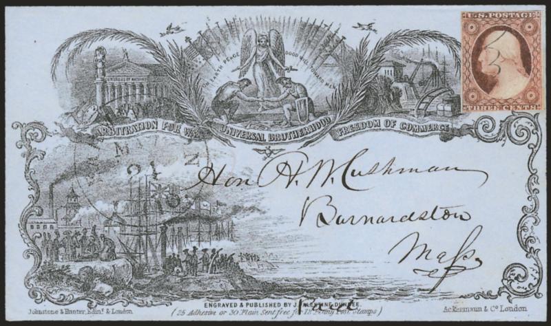 3c Dull Red, Ty. II (11A).> Ample margins to slightly in, minor oxidation, pen cancel, clear strike of Farmington Ohio May 24 circular datestamp on bluish cover to Barnardston Mass. with <Arbitration for War,
Universal Brotherhood, Freedom of Comm