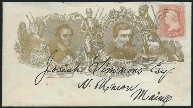 3c Rose (65).> Tied by target and indistinct circular datestamp on cover to N. Union Me. with <bronze Magnus Lincoln and McClellan Review of the Army patriotic design,> Milgram AL-257 (illustrated on p. 119),
missing small part of top flap, Very Fi