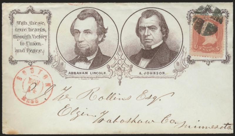 3c Rose (65).> Rich color, tied by quartered cork cancel, red Boston Mass. Nov. 14 double-circle datestamp on cover to Elgin Minn. with <purple Lincoln and Douglas three-quarter portraits facing left in circular
frames with campaign slogan at left