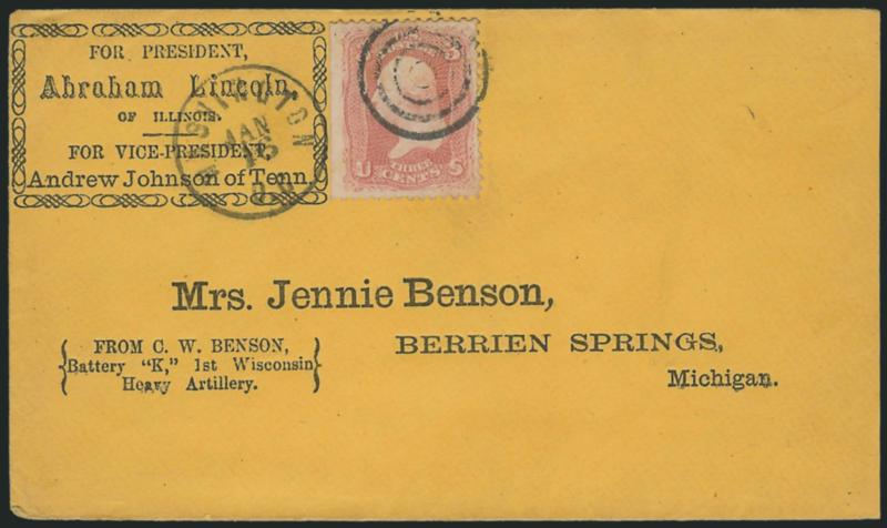3c Rose (65).> S.e. at left, tied by target, Washington D.C. Jan. 16 circular datestamp on orange cover to Berrien Springs Mich. with <Lincoln and Johnson campaign corner card with printed address,> which reads
in part From C. W. Benson, Battery 