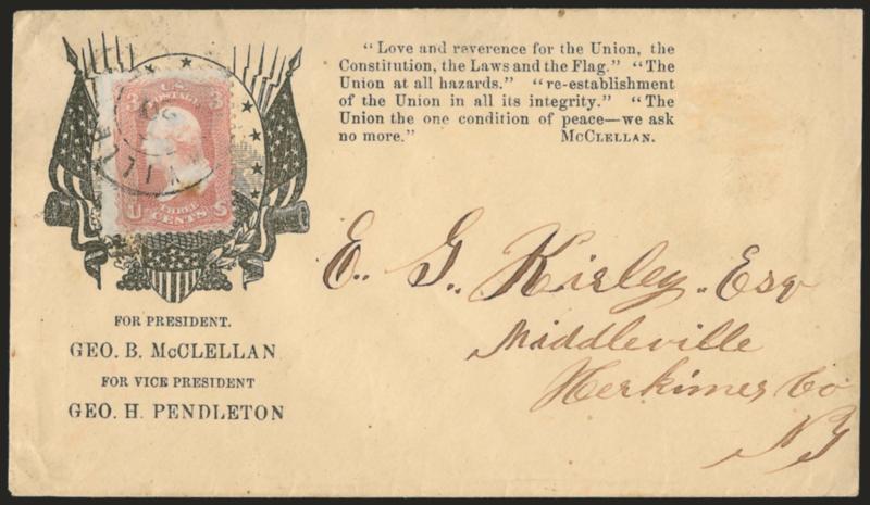 3c Rose (65).> Bright shade, tied by indistinct strike of double-circle datestamp on cover to Middleville N.Y. with <McClellan portrait surrounded by flags and cannons, candidates names and verse,> Milgram GM-2,
stamp affixed over portrait as a poli