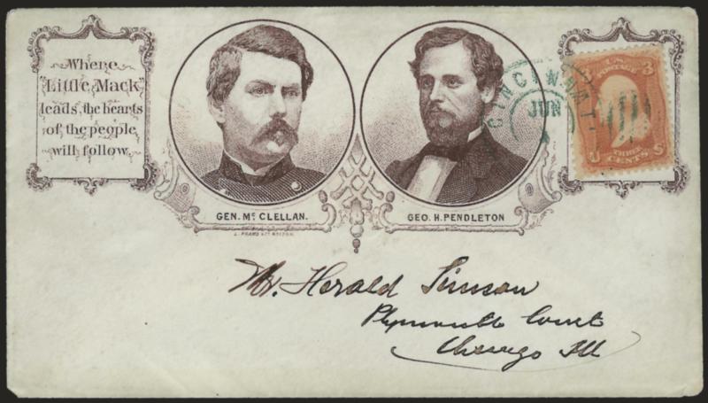 3c Rose (65).> Beautiful deep shade, tied by greenish blue Cincinnati O. Jun. 1 double-circle datestamp and grid on cover to Chicago with <purple McClellan and Pendleton three-quarter portraits in circles with
campaign slogan at left and stamp coll