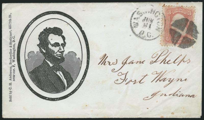 3c Rose (65).> Tied by quartered cork and Washington D.C. Jun. 21 circular datestamp on cover to Fort Wayne Ind. with <Lincoln three-quarter portrait in oval frame mourning design,> C. H. Anderson imprint at
left, Milgram AL-355 (illustrated on p.