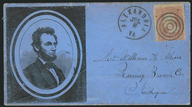 3c Rose (65).> S.e. at left, cancelled by target, Alexandria Va. Jul. 8 circular datestamp on <blue envelope> to Quincy Mich. with <Lincoln portrait in oval frame with uncleared surround mourning design,>
Milgram AL-361, stamp with small tear at to