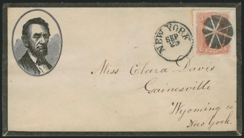 3c Rose (65).> S.e. at right, tied by bold strike of circle of wedges and New York Sep. 25 circular datestamp on cover to Gainesville N.Y. with <Lincoln portrait in oval and mourning border around envelope,>
Milgram AL-362, trivial toning around st