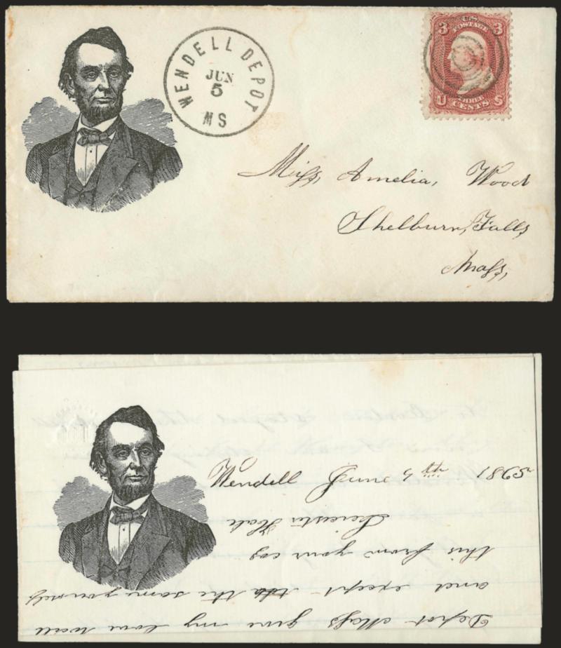 3c Rose (65).> Cancelled by target, neat strike of Wendell Depot Ms. Jun. 5 circular datestamp on cover to Shelburne Falls Mass. with <unframed Lincoln portrait design,> Milgram AL-367, also with
<similarly-illustrated lettersheet> which is datelin