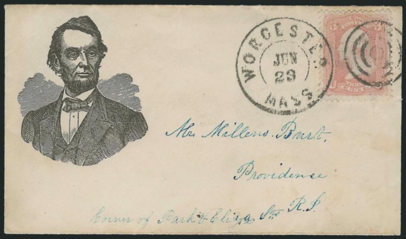 3c Rose (65).> Tied by target and Worcester Mass. Jun. 23 double-circle datestamp on cover to Providence R.I. with <unframed Lincoln portrait design,> Milgram AL-367, faint vertical file fold affects stamp,
still Very Fine, attractive design publis