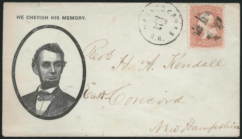 3c Rose (65).> Tied by quartered cork, indistinct New Hampshire Feb. 15 circular datestamp on cover to East Concord N.H., with <Lincoln mourning portrait in oval and We cherish his memory slogan,> Milgram
AL-370, tiny tear at top and backflap repai