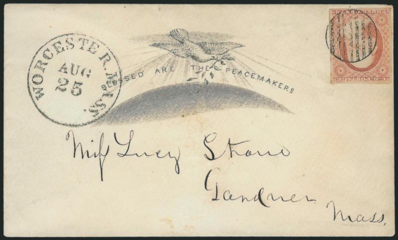 3c Dull Red, Ty. II (11A).> Large margins to clear, bright color, affixed upside down and tied by grid, Worcester Mass. Aug. 25 circular datestamp on cover to Gardner Mass., with lessed are the Peacemakers
illustrated propaganda design> with do