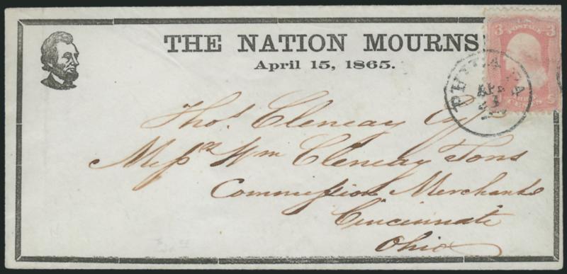 3c Rose (65).> Bright shade, tied by Phila. Pa. Apr. 23, 1865 circular datestamp on cover to Cincinnati O. with <small Lincoln portrait, mourning border and The Nation Mourns! April 15, 1865 slogan,> Milgram
AL-371 (illustrated on p. 170), slight