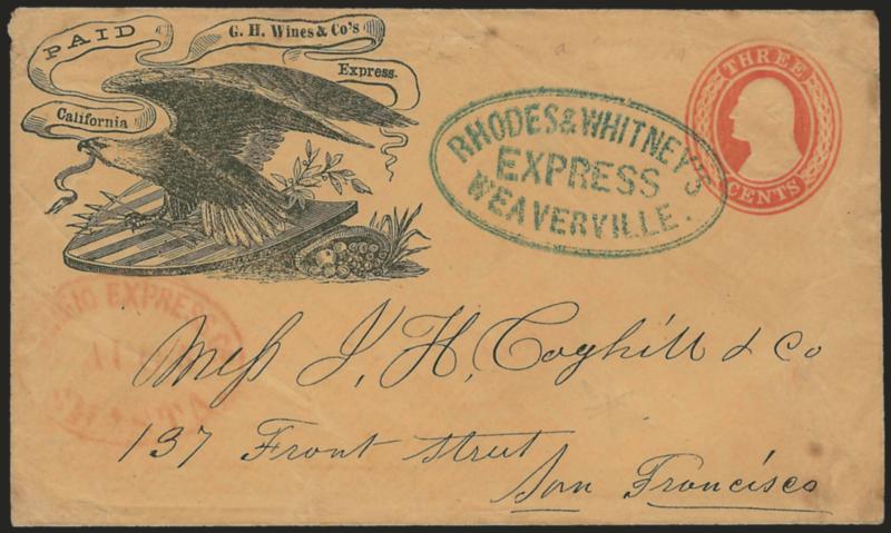 G. H. Wines & Co.s California Express.> Printed frank with elaborate eagle and shield design (Haller FW15) on 3c Red on Buff Nesbitt entire (U10) to San Francisco, blue Rhodes & Whitneys Express Weaverville>
double-line oval handstamp, conjunctiv
