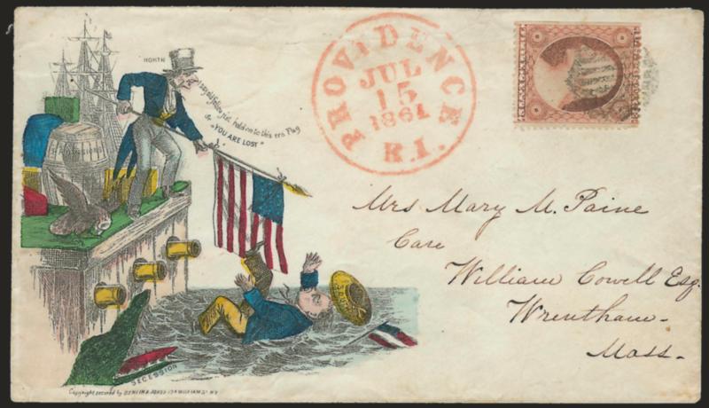 3c Dull Red, Ty. III (26).> S.e. at left, tied by grid, red Providence R.I. Jul. 15, 1861 circular datestamp on cover to Wrentham Mass. with <hand-colored Berlin & Jones cartoon depicting North Uncle Sam saving
the South who has fallen into se
