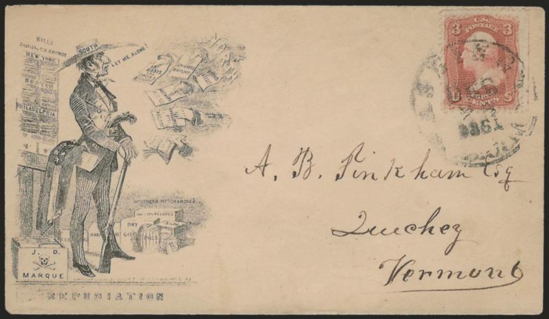 3c Rose (65).> S.e. at right, tied by Washington D.C. Dec. 25, 1861 circular datestamp on buff cover to Quichee Vt., with erlin & Jones Repudiation cartoon depicting the South refusing to pay invoices for
Northern merchandise,> fresh and Very