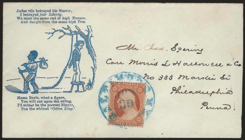 3c Dull Red, Ty. III (26).> Bright shade, tied by blue Baltimore Md. Jun. 30 circular datestamp on cover to Philadelphia with blue <Massa Davis, what a figure cartoon depicting freed slave and Davis hanging from
a tree,> blue Magee imprint on top