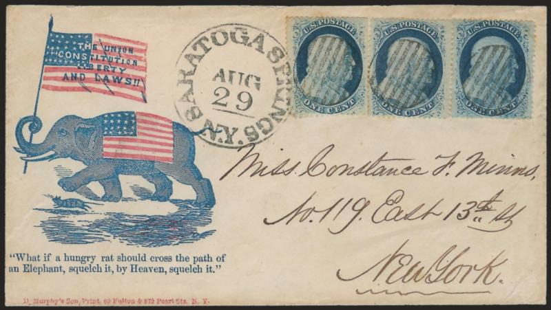 1c Blue, Ty. V (24).> Pair and single, some trimmed perfs, tied by grids and Saratoga Springs N.Y. Aug. 29 circular datestamp on cover to New York City with <red and blue cartoon depicting United States elephant
with flag about to crush the secessi