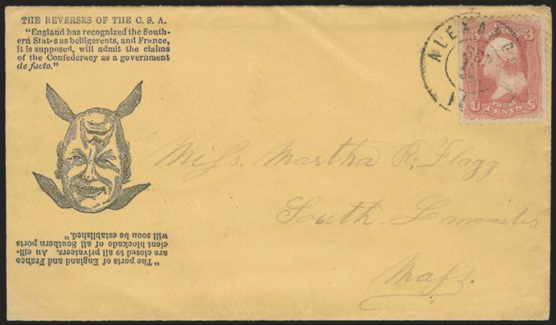 3c Rose (65).> S.e. at left, tied by Alexandria Va. Sep. 15, 1863 double-circle datestamp on orange cover to South Lancaster Mass. with <The Reverses of the C.S.A. double-faced cartoon> which mentions England,
France and blockades, slightly reduc