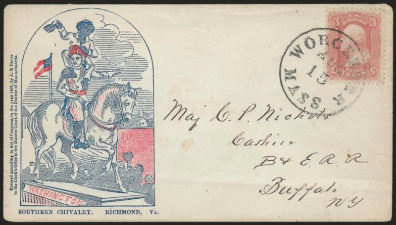 3c Rose (65).> Tied by Worcester Mass. Aug. 15 circular datestamp on cover to Buffalo N.Y. with <red and blue Southern Chivalry. Richmond Va. cartoon depicting Washington on a horse with a slave on his shoulders
waving a cap to a cheering crowd,>