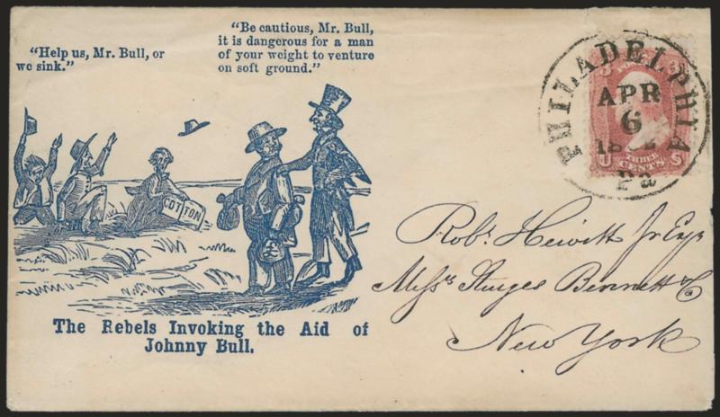 3c Rose (65).> Rich color, tied by well-struck Philadelphia Pa. Apr. 6, 1861 circular datestamp on cover to New York with blue <The Rebels Invoking the Aid of Johnny Bull cartoon depicting Southerners sinking
into a swamp with Johnny Bull (Englan