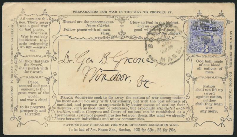 3c Ultramarine (114).> Tied by segmented cork, Boston Mass. Dec. ? circular datestamp on cover to Windsor Vt., with <American Peace Society propaganda design,> verse incl. Preparation for war is the way to
provoke it and other sentiments, with or