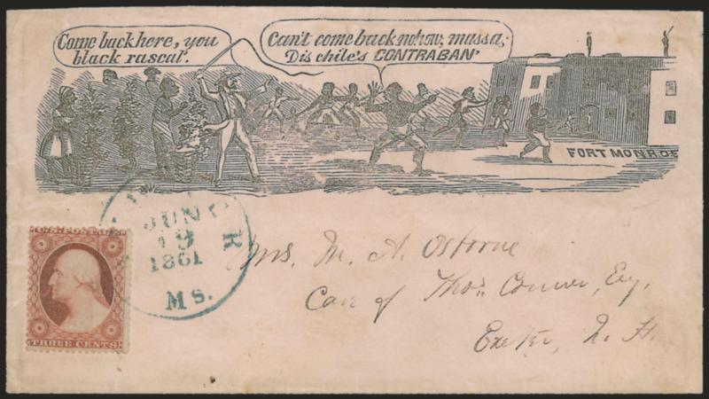 3c Dull Red, Ty. III (26).> Tied by blue Andover Ms. Jun. 19, 1861 circular datestamp on cover to Exeter N.H. with <Dis chiles CONTRABAN anti-slavery political cartoon,> trivial edgewear, Very Fine example of
this scarce design