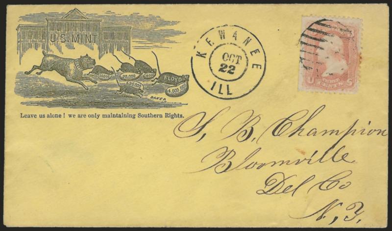 3c Rose (65).> S.e. at left, tied by grid, Kewanee Ill. Oct. 22 double-circle datestamp on yellow cover to Bloomville N.Y. with <Leave us alone! we are only maintaining Southern Rights. cartoon depicting
Winfield Scott as a bulldog chasing rats w