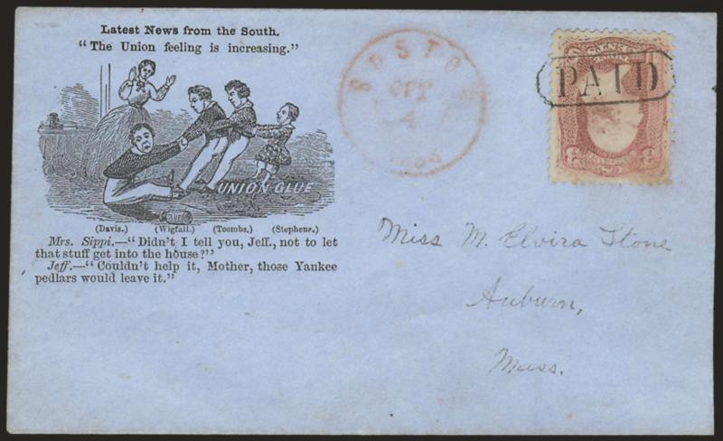 3c Rose (65).> Tied by Paid in oval, red Boston Mass. Oct. 4 circular datestamp on blue cover to Auburn Mass. with <Latest News from the South cartoon depicting Jefferson Davis stuck on the floor next to a glue
pot and being pulled by Wigfall,