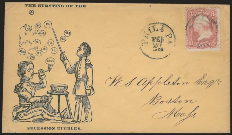 3c Rose (65).> Cancelled by target, Phila. Pa. Feb. 27, 1865 circular datestamp on buff cover to Boston with <The Bursting of the Secession Bubbles cartoon depicting Winfield Scott bursting Jefferson Daviss
secession state bubbles,> tiny edge te