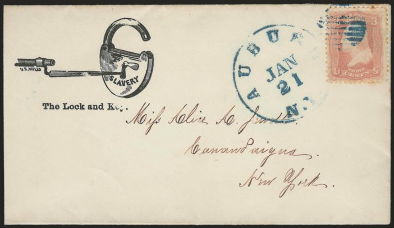 3c Rose (65).> Bright color, tied by blue grid and matching Auburn N.Y. Jan. 21 circular datestamp on cover to Canandaigua N.Y. with <The Lock and Key cartoon depicting a bayonet picking the lock of slavery,>
barely reduced at left, stamp with fe