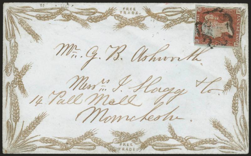 Great Britain, 1841, 1p Red Brown on Bluish (3 SG 8).> FF, large margins to just in, tied by Maltese cross, Liverpool AP 3, 1844 backstamp on cover to Manchester, with <bronze Free Trade in border of wheat,> neat
Manchester AP 4, 1844 receivin
