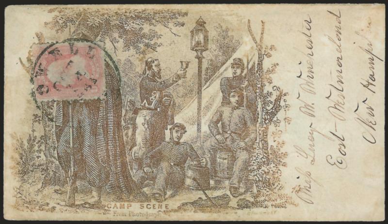3c Rose (65).> Tied by Lowell Ms. Oct. 14, 1861 circular datestamp on cover to East Westmoreland N.H. with <bronze Magnus Camp Scene From Photograph patriotic design,> barely reduced at right, minor soiling,
Very Fine and rare