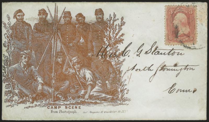 3c Rose (65).> Tied by indistinct strike of Washington D.C. double-circle datestamp on cover to North Stonington Conn. with <bronze Magnus Camp Scene From Photograph patriotic design,> barely reduced at left,
Very Fine