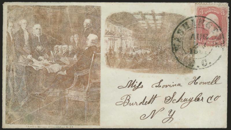 3c Rose (65).> S.e. at left, tied by Washington D.C. Aug. 27, 186? double-circle datestamp on cover to Burdett N.Y. with <bronze Magnus two-panel Signing of the Declaration of Independence and U.S. Senate
design,> stamp has faults, otherwise Very F