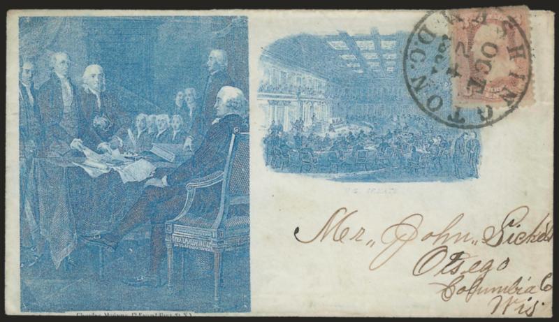 3c Rose (65).> S.e. at left, tied by Washington D.C. Oct. 24, 1861 circular datestamp on cover to Otsego Wis. with <blue Magnus two-panel Signing of the Declaration of Independence and U.S. Senate design,> stamp
faulty from placement near top edge