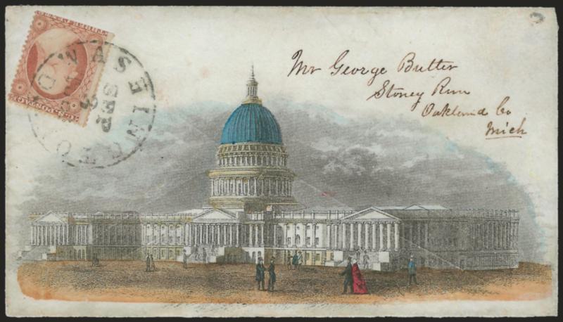 3c Dull Red, Ty. III (26).> Scissors-separated into perfs at bottom, tied by Washington D.C. Sep. 3, 1861 circular datestamp on cover to Stony Run Mich. with <hand-colored Magnus View of the Capitol design,>
barely reduced at right, some skillfull