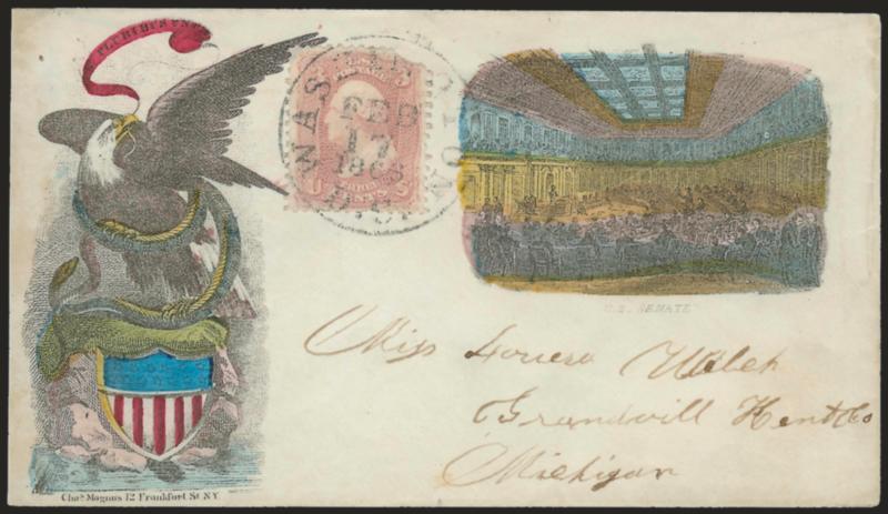 3c Rose (65).> Stamp torn at top right prior to use, tied by Washington D.C. Feb. 17, 1863 circular datestamp on cover to Grandville Mich. with <Magnus hand-colored two-panel design of U.S. Senate and Eagle with
Shield and Snake,> barely reduced at