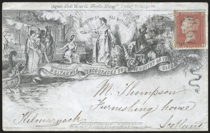 Great Britain, 1855, 1p Red Brown on Bluish (16 SG 29).> Tied by light strike of numeral barred oval and Manchester 1856 circular datestamp on bluish cover to Kilmarnock, Scotland, with <1851 Industrial
Exhibition Industry of All Nations illustrat