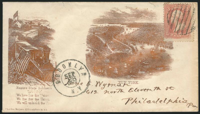 3c Rose (65).> Tied by grid, Brooklyn N.Y. Sep. 28, 1862 double-circle datestamp on cover to Philadelphia with <bronze Magnus two-panel Empire State Soldiers Motto and New York design depicting train and flag at
left and scenic view of New York