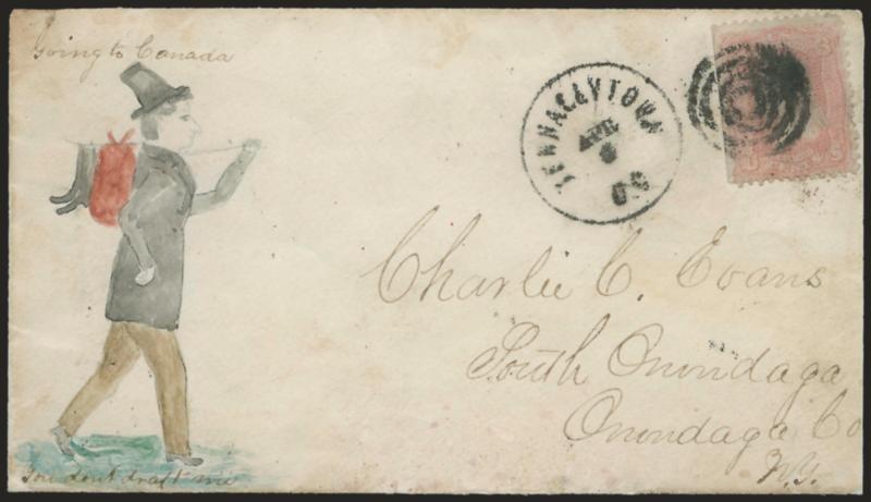 3c Rose (65).> Natural s.e., tied by target, Tennallytown D.C. Apr. 6 circular datestamp, on cover to South Onondaga N.Y. with <hand-drawn multicolored Anti-Draft design of man in top hat <<Going to Canada>>
with <<You dont draft me>> at botto