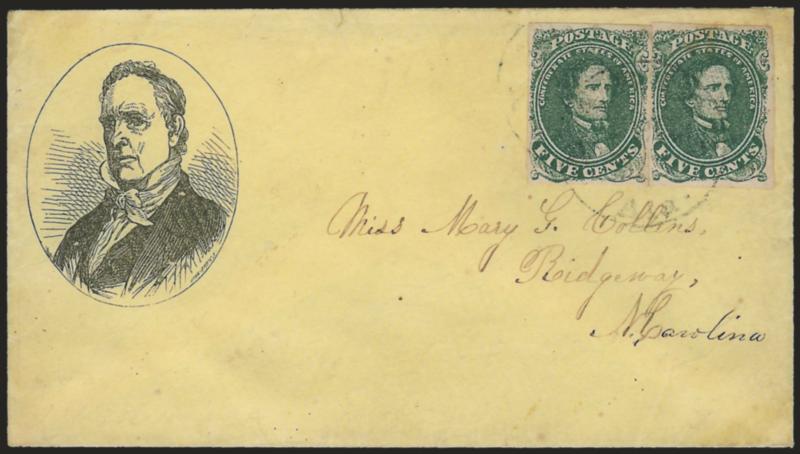 5c Dark Green, Stone 1 (1).> Two, Positions 28 and 38, full margins, rich color, tied by light Marion Ala. circular datestamp on yellow cover to Ridgeway N.C. with <James Buchanan three-quarter portrait in oval
from the campaign of 1856,> John Andr