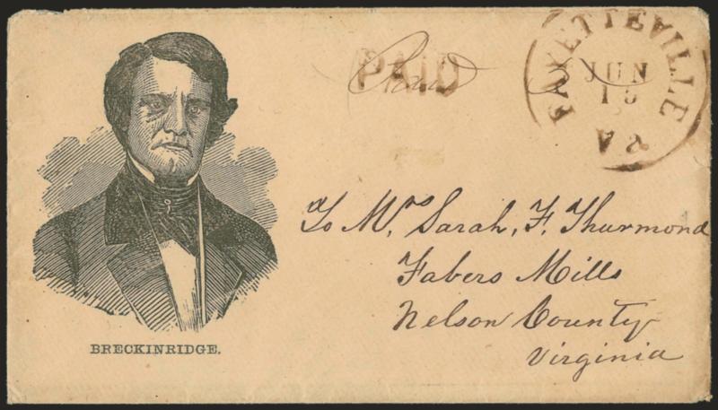 Fayetteville Va. Jun. 15 (1861).> Brown circular datestamp with matching Paid handstamp, additional manuscript Paid and 5 rate on cover to Fabers Mills Va. with reckinridge portrait,> Milgram JBK-2, with
original letter contents, trivial edge