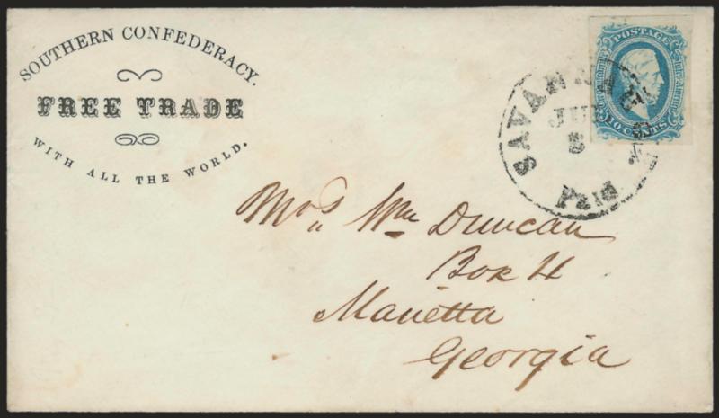 10c Blue, Die A (11).> Full to large margins, beautiful deep shade and impression, tied by Savannah Ga. Paid Jul. 3 (1863) circular datestamp on cover to Marietta Ga. with <Southern Confederacy. Free Trade With
All The World propaganda design,> l