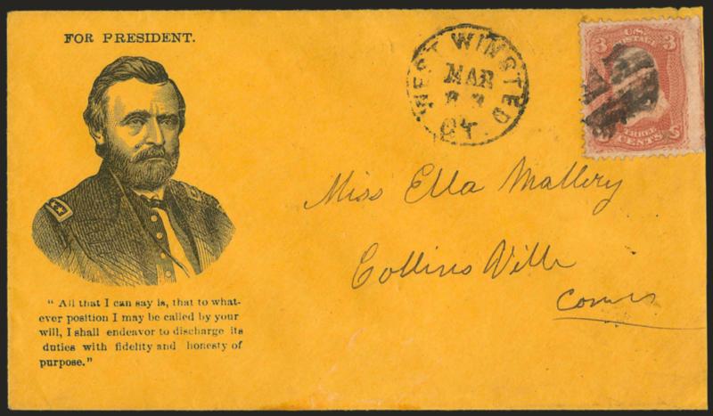 3c Rose (65).> S.e. at right, tied by quartered cork, West Winsted Ct. Mar. 23 circular datestamp on orange cover to Collins Mills Conn. with <Grant three-quarter portrait and verse design,> Milgram UG-7,
slightly reduced at right, Very Fine