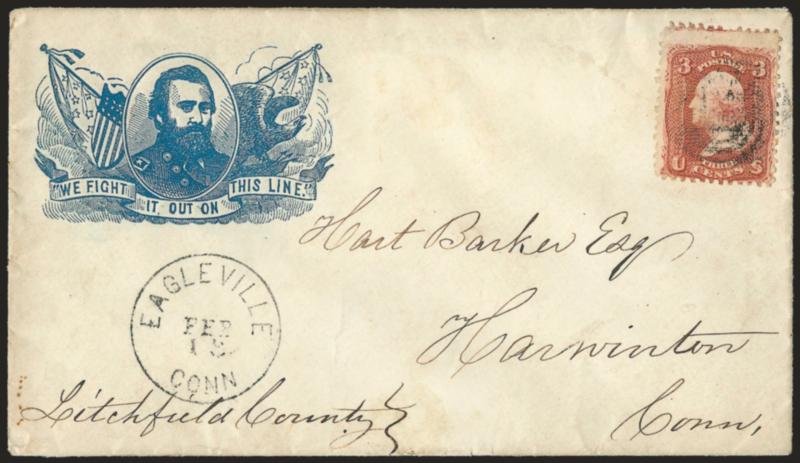 3c Red, F. Grill (94).> Tied by target, Eaglevile Conn. Feb. 13 circular datestamp on cover to Harwinton Conn. with blue <We fight it out on this line! Grant campaign design,> Milgram UG-21, Very Fine, ex
Walcott