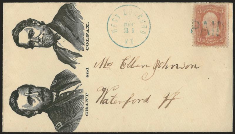 3c Rose (65).> Bright color, tied by <blue Paid straightline,> matching West Concord Vt. Dec. 21 circular datestamp on cover to Waterford Vt. with <Grant and Colfax dual portraits> at left, Milgram UG-29, fresh
and Very Fine, scarce design, with