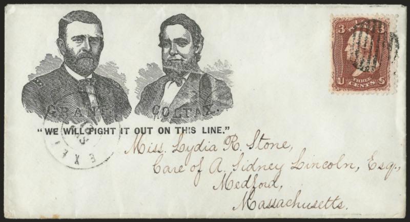 3c Rose, E. Grill (88).> Unusually deep shade, tied by grid, Exeter N.H. Sep. 21 double-circle datestamp on cover to Medford Mass. with <Grant and Colfax We will fight it out on this line! campaign design,>
Milgram UG-32 (illustrated on p. 231),